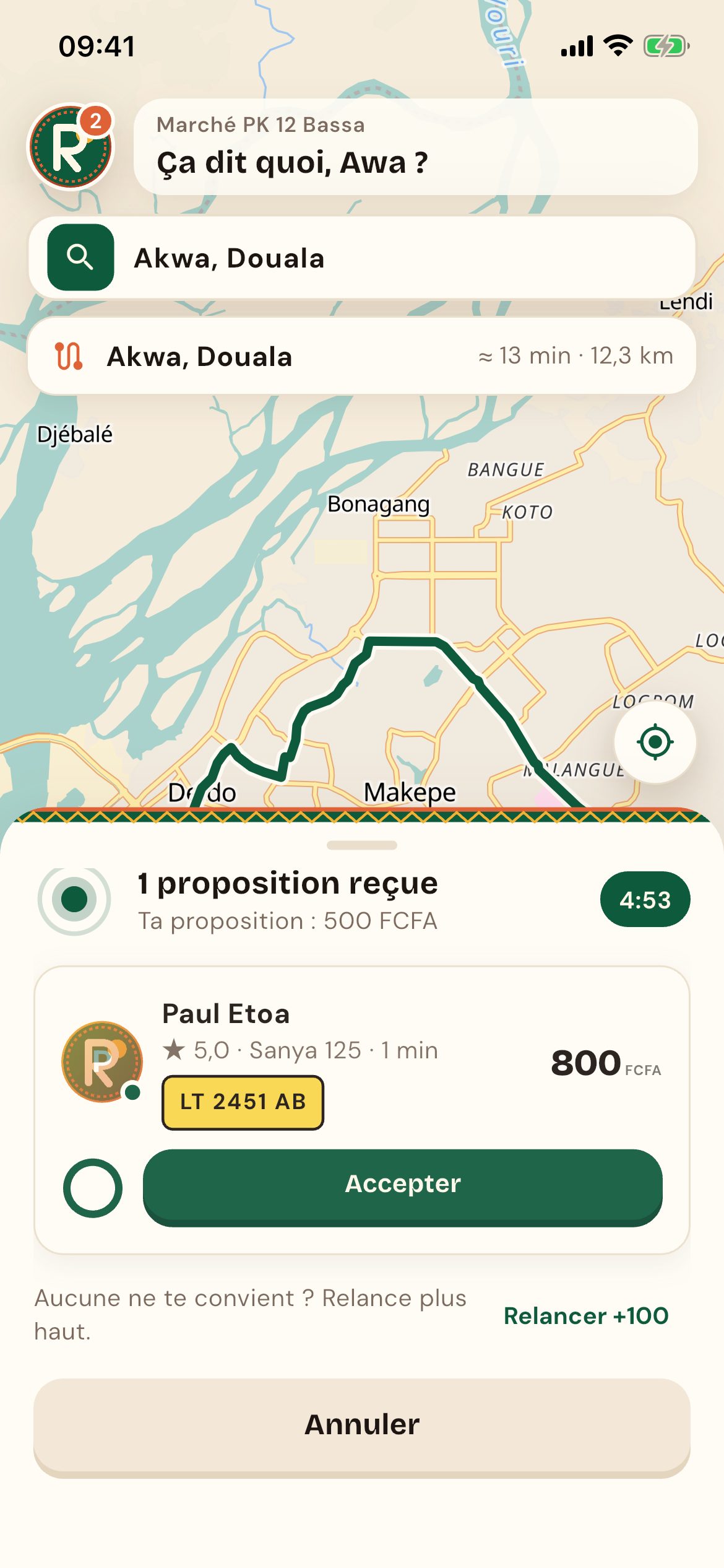 Écran Ridaa : ta proposition 500 FCFA, un chauffeur répond 800 FCFA